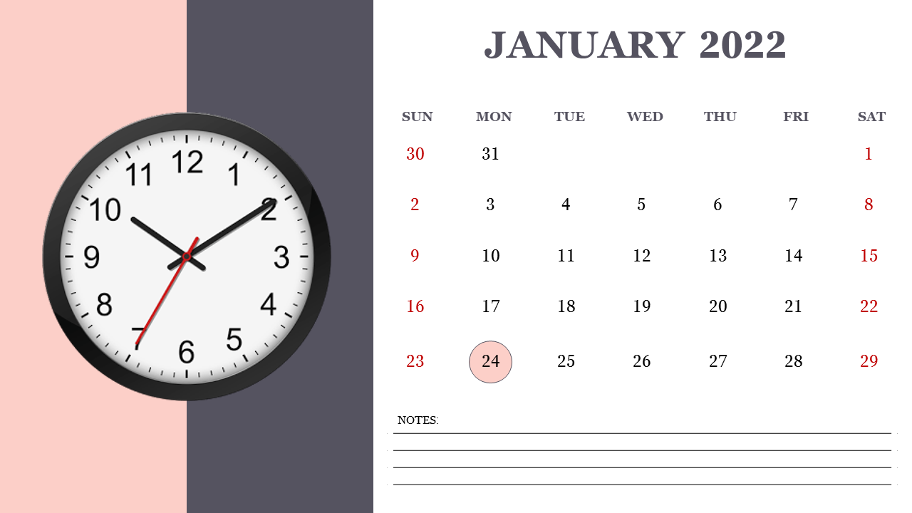 January 2022 PowerPoint Calendar With Clock